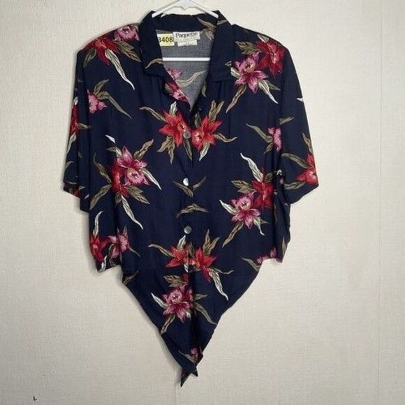 VTG Paqiette Tropical Tie-Front Shoulder Pads Button Up Crop Shirt Women Size 2X - Picture 7 of 10